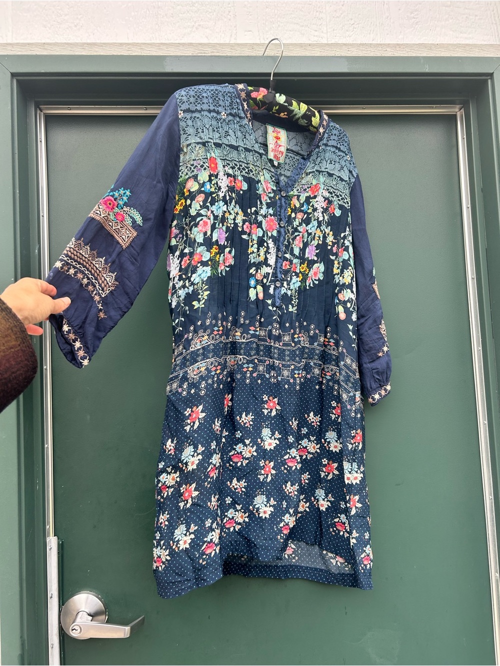 Johnny Was Navy Multicolor Floral Midi Dress with Embroidered Yoke